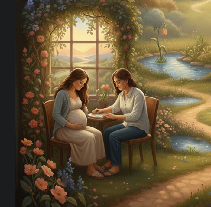Therapist offering supportive counseling to a pregnant woman.